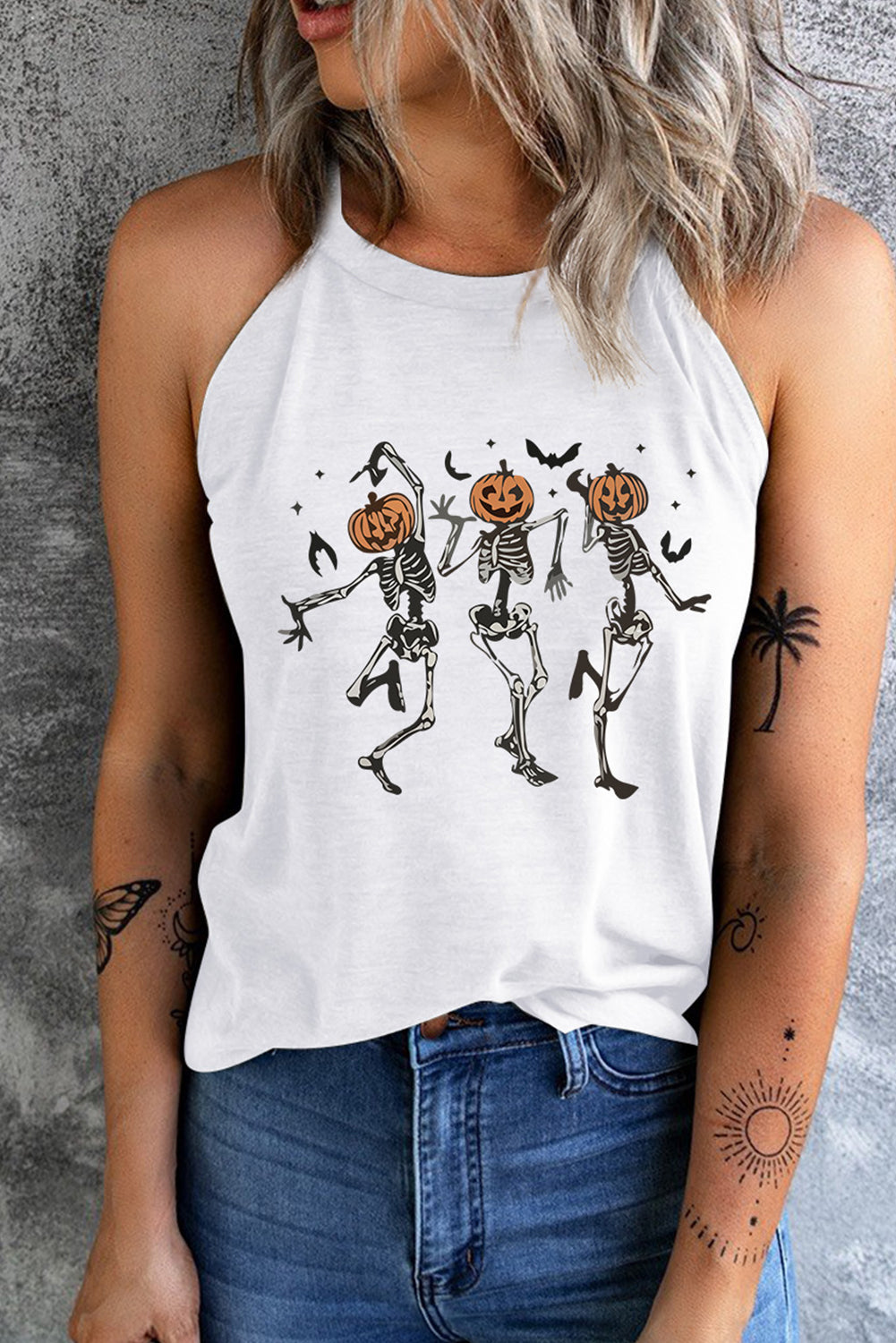 Round Neck Dancing Pumpkin Head Skeleton Graphic Tank