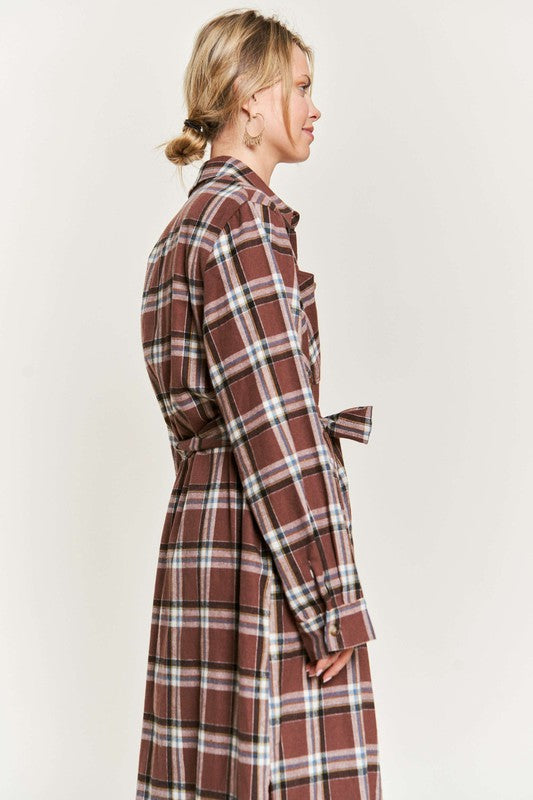 PLAID PRINT COLLAR LONG SHIRT DRESS PLUS