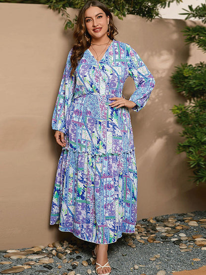 Plus Size Printed Long Sleeve Maxi Dress