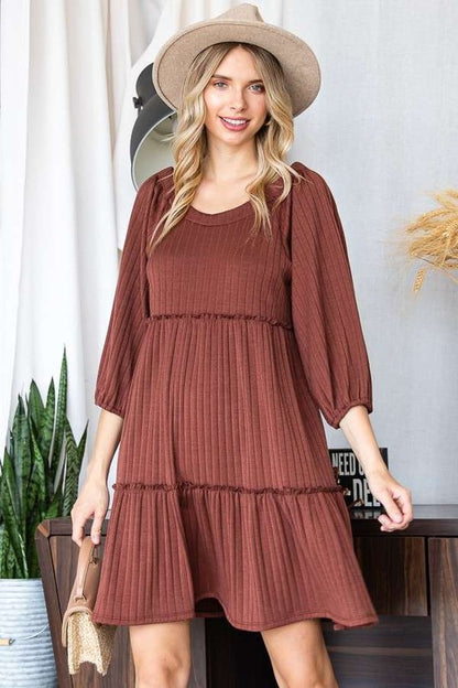 SOLID RIB CASUAL BABYDOLL TIERED DRESS