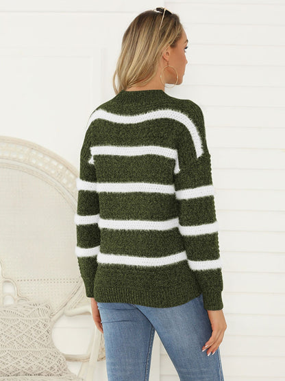 Shiny Striped Round Neck Long Sleeve Sweater