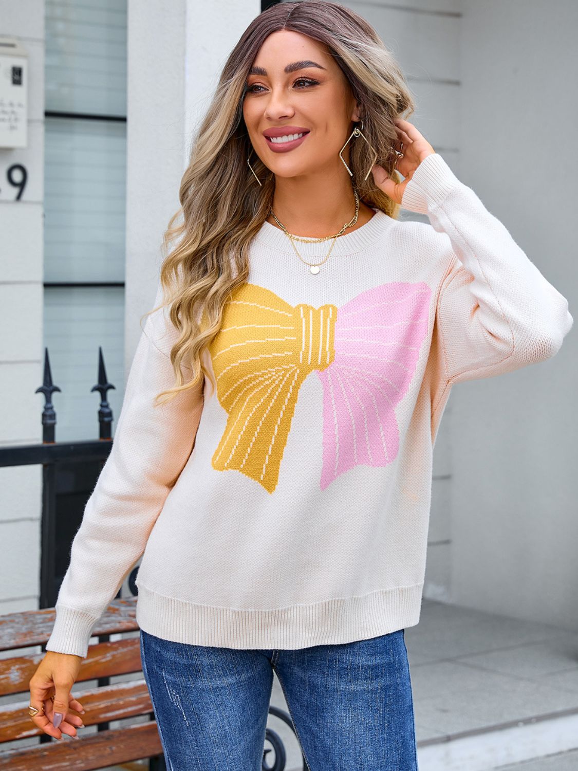 Angel Wings Bow Round Neck Dropped Shoulder Sweater