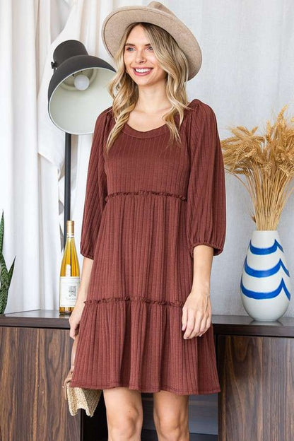 SOLID RIB CASUAL BABYDOLL TIERED DRESS