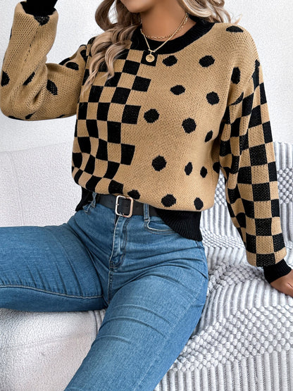 Plaid Round Neck Long Sleeve Sweater