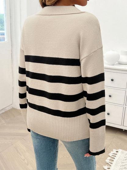 Devine Striped Collared Neck Long Sleeve Sweater