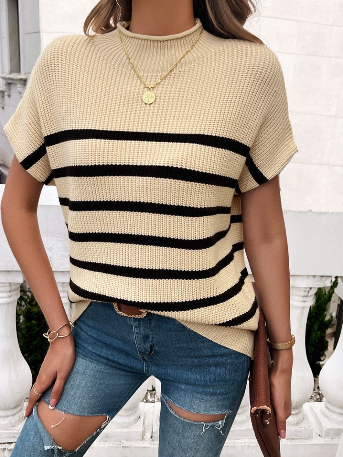 Devine Striped Mock Neck Short Sleeve Sweater