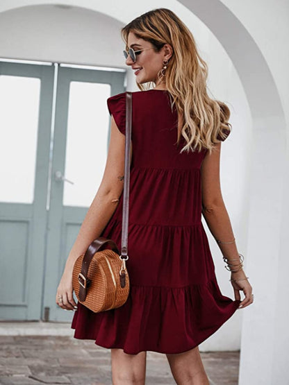 Ruffled Round Neck Cap Sleeve Mini Dress