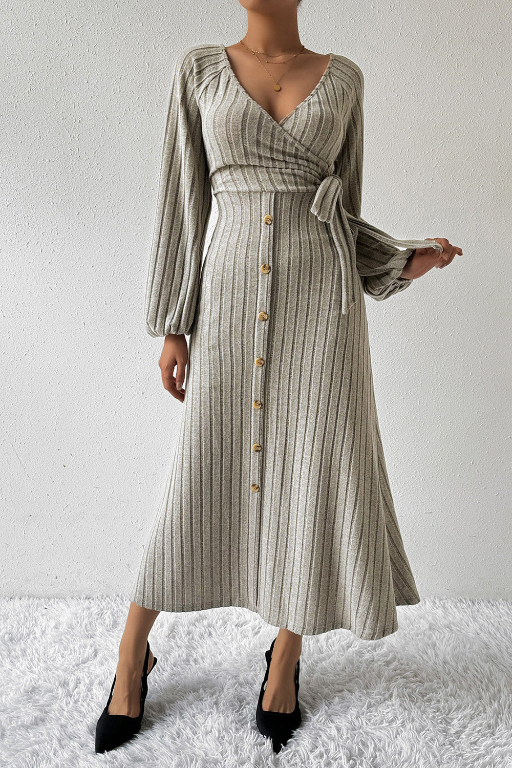 Surplice Tied Balloon Sleeve Midi Dress