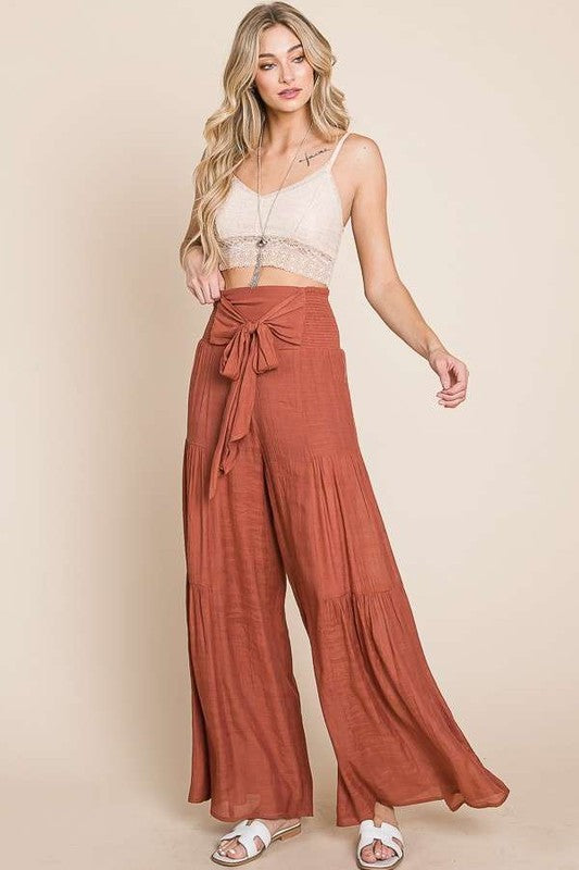 Tie front ruched waist back pants