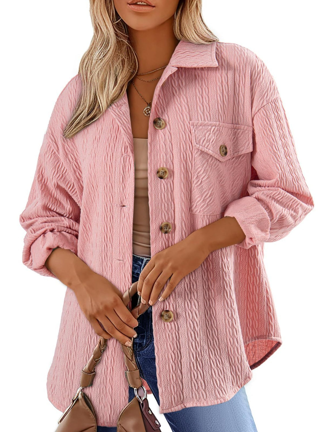 Textured Button Up Long Sleeve Shacket