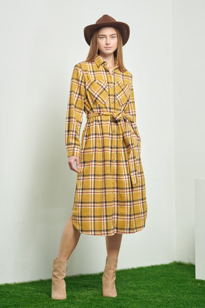 PLAID PRINT COLLAR LONG SHIRT DRESS