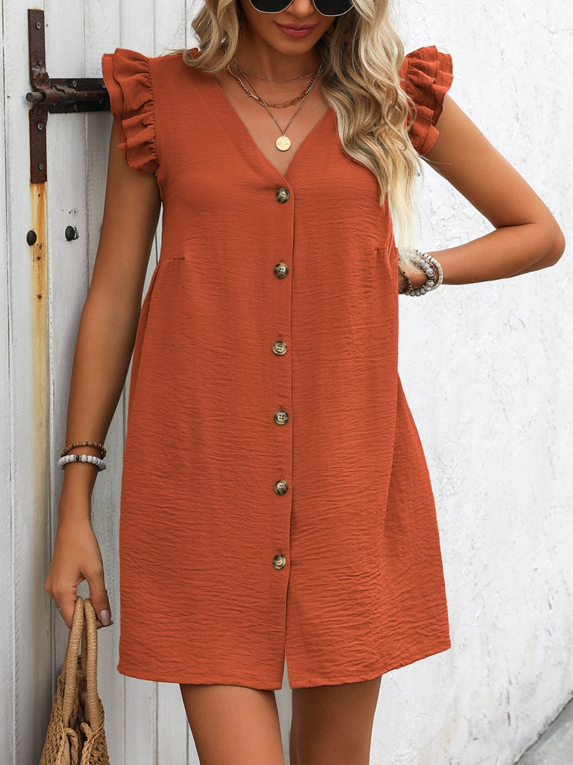 Ivy Lane Button Up V-Neck Cap Sleeve Mini Dress