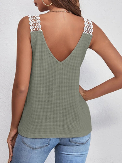 Lace Detail Waffle-Knit V-Neck Tank