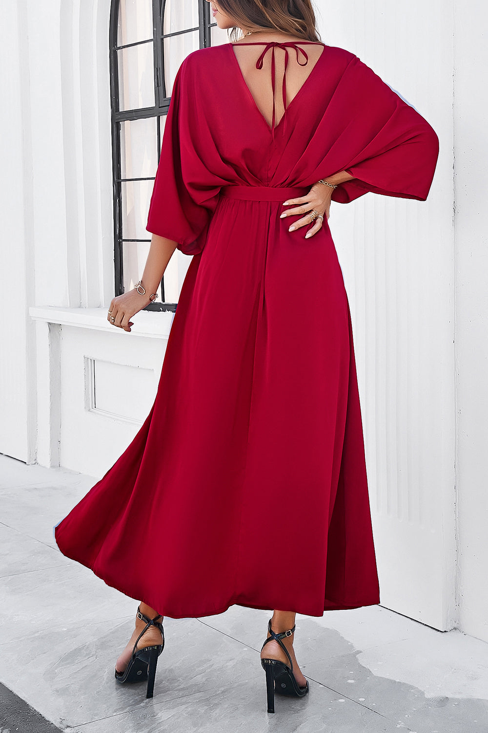 Slit Tied V-Neck Three-Quarter Sleeve Dress