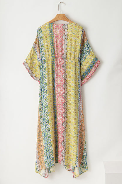 Drawstring Printed Kimono Sleeve Cover Up