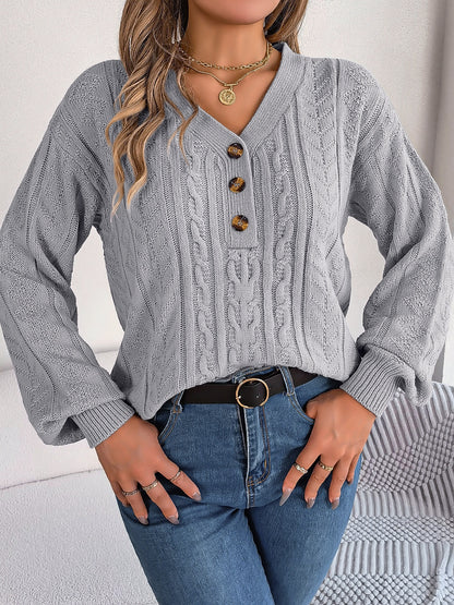 Cable-Knit V-Neck Long Sleeve Sweater