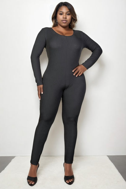 Plus Size Ribbed Scoop Neck Long Sleeve Jumpsuit