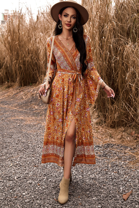 Bohemian Surplice Neck Slit Dress