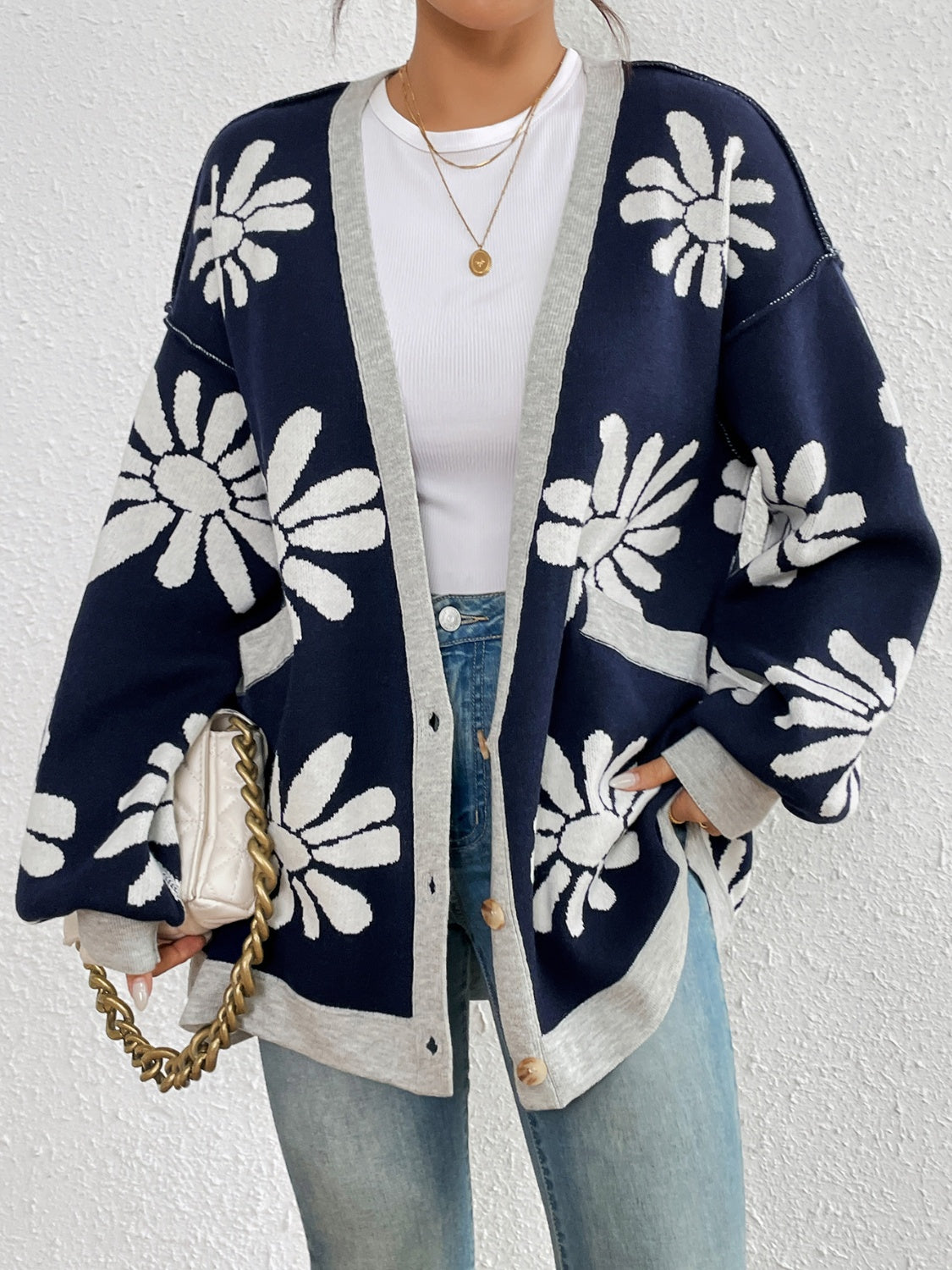 Contrast Dropped Shoulder Long Sleeve Cardigan