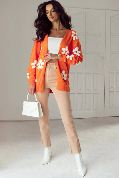 Flower Open Front Long Sleeve Cardigan