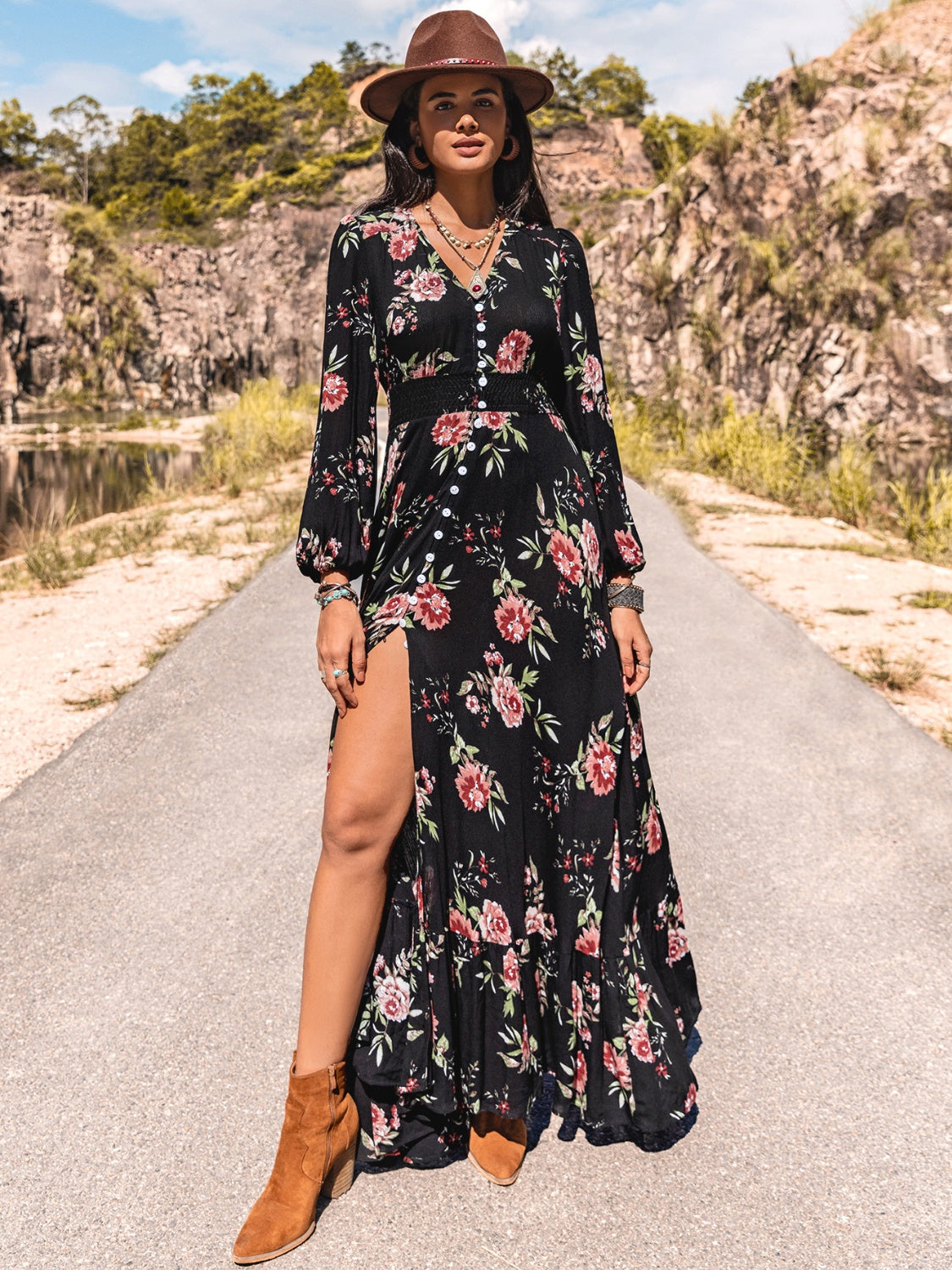 Floral V-Neck Split Maxi Dress