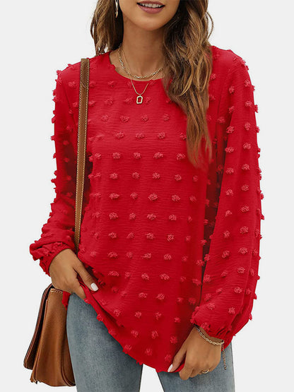 Swiss Dot Round Neck Long Sleeve Blouse