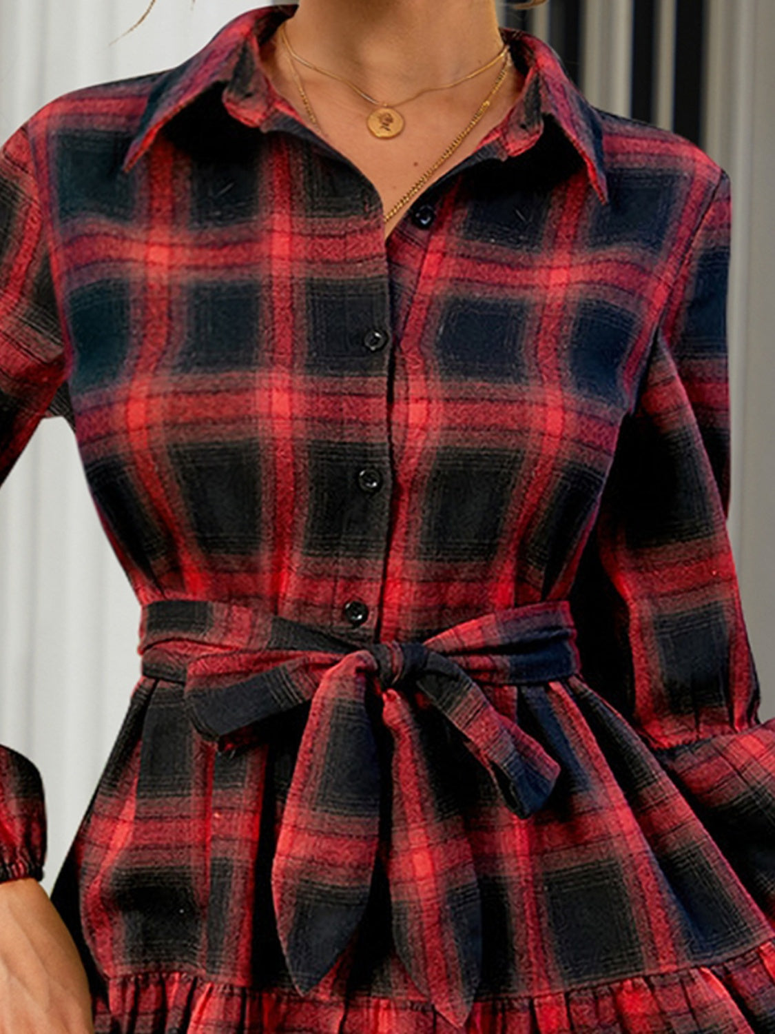 FAM-FAM Tied Plaid Long Sleeve Mini Dress