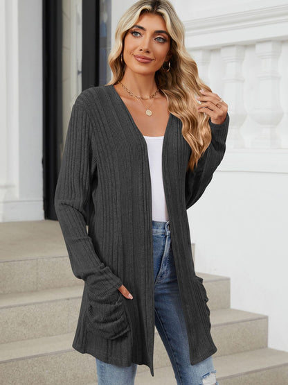 Pocketed Open Front Long Sleeve Cardigan