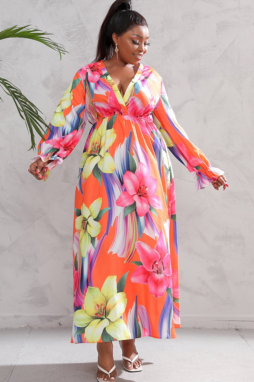 Plus Size Printed Flounce Sleeve Maxi Dress