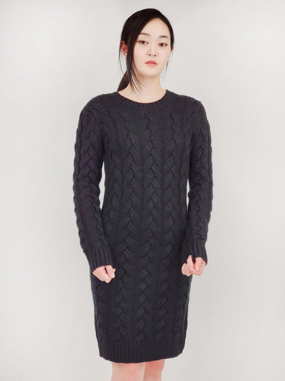 Loose Fit Knee Length Heavy Cable Knitted Dress