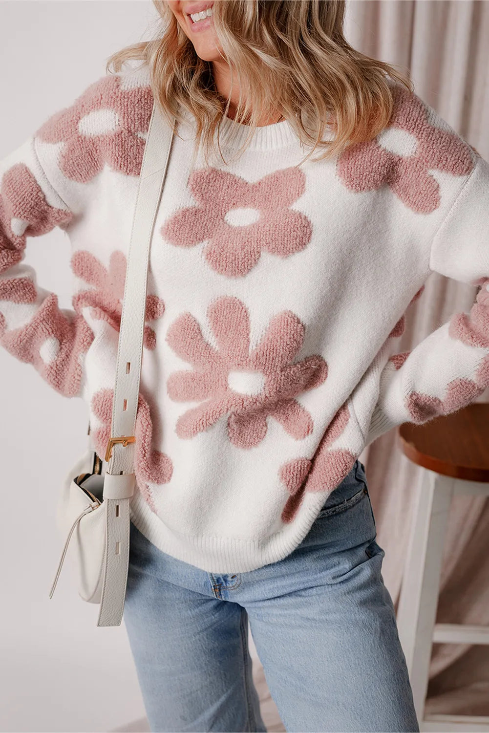 Flower Round Neck Long Sleeve Knit Top