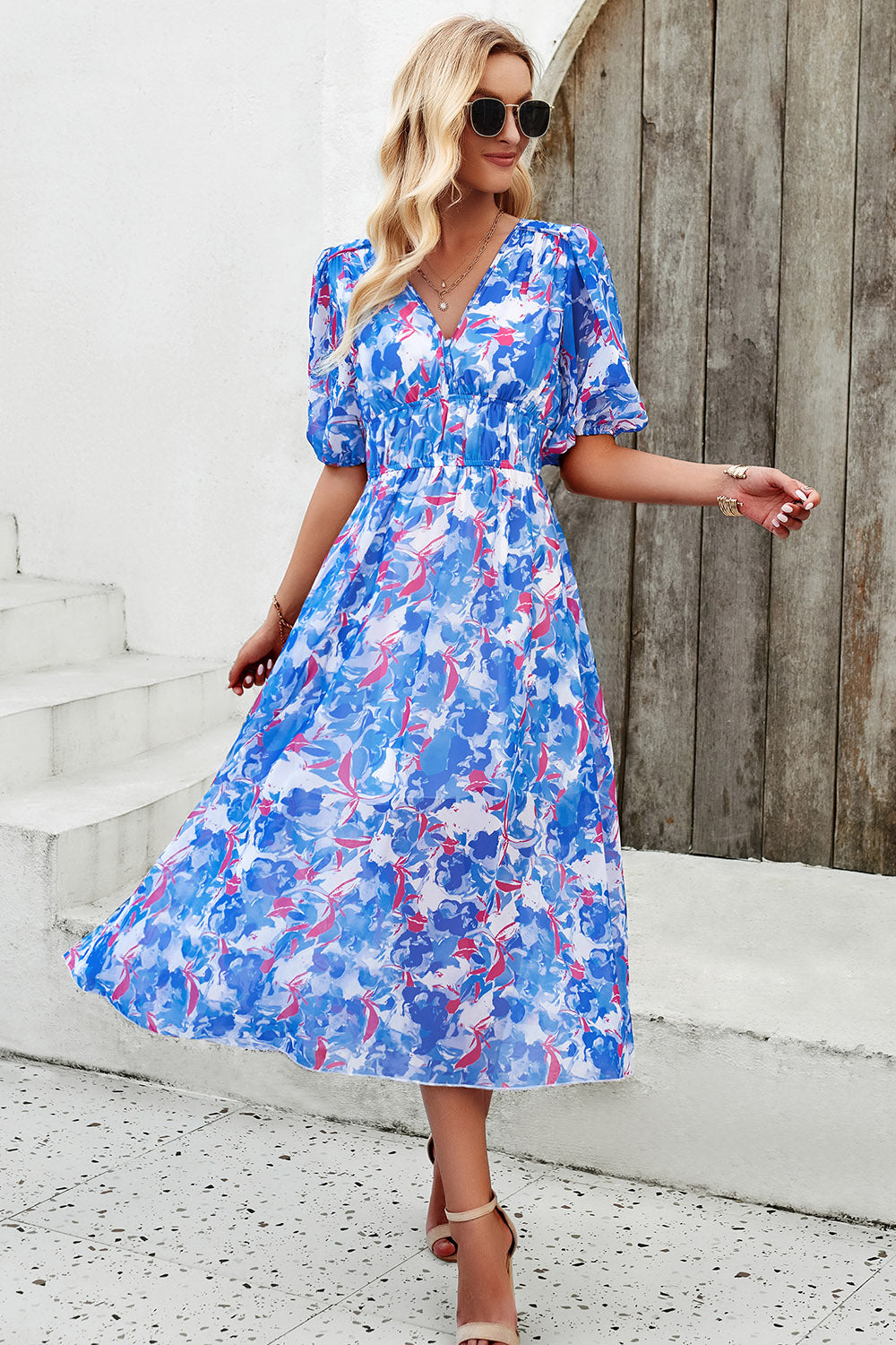 Smocked Printed V-Neck Short Sleeve Dress