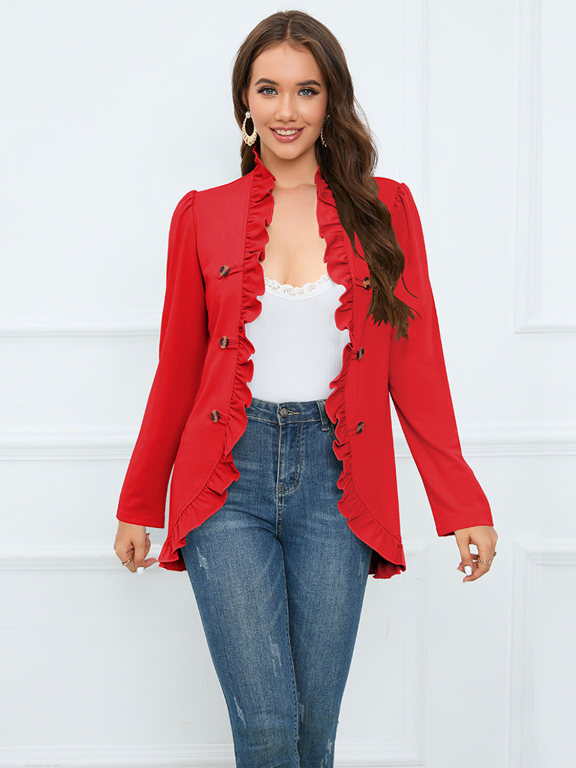 Ruffle Trim Long Sleeve Blazer