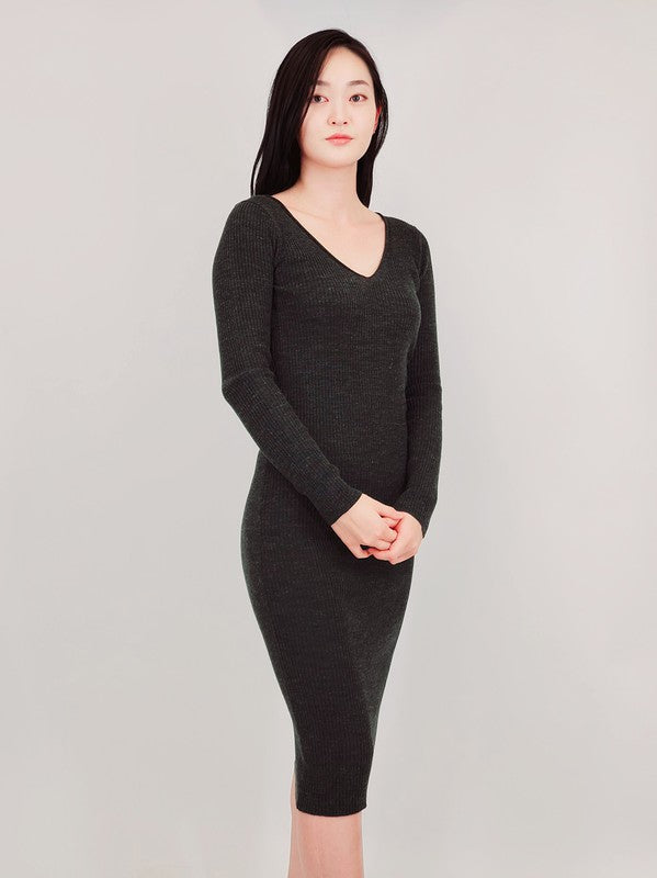 V-Neck Sheer Ribbed Knit Long Sleeve Sweater Dress