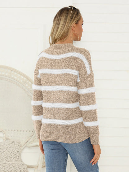 Shiny Striped Round Neck Long Sleeve Sweater