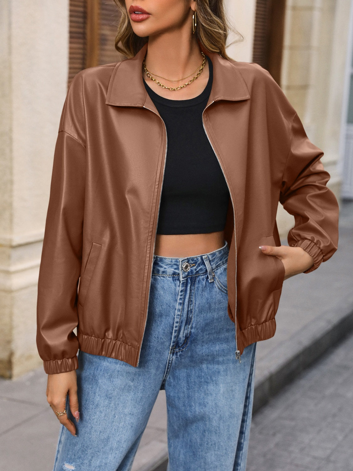 Zip Up Dropped Shoulder Jacket