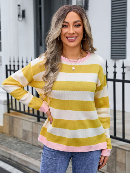 Angel Wings Striped Round Neck Dropped Shoulder Sweater