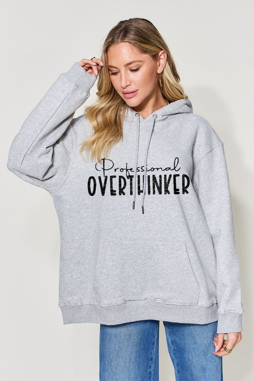 Simply Love Full Size PROFESSIONAL OVERTHINKER Graphic Drawstring Long Sleeve Hoodie