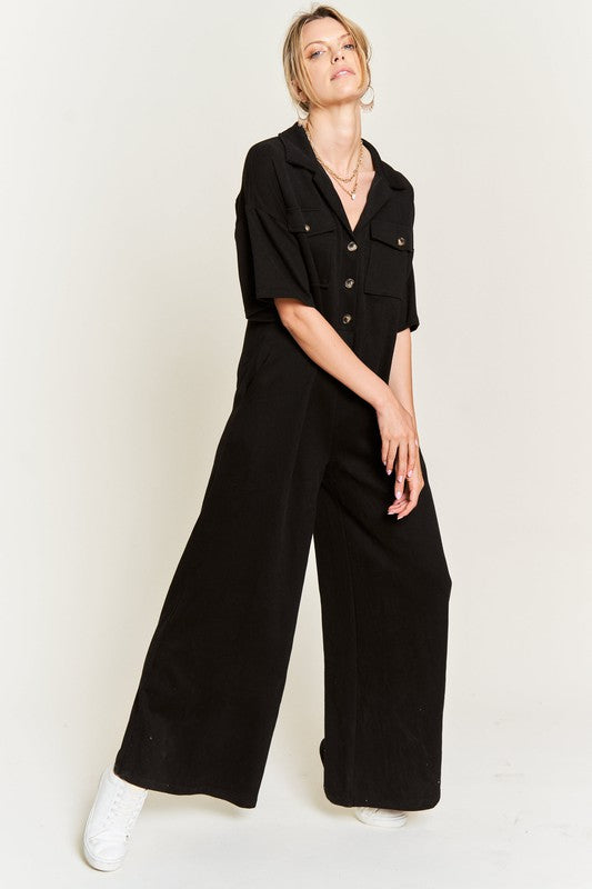 Basic Collar Shirt Wide leg Jumpsuit