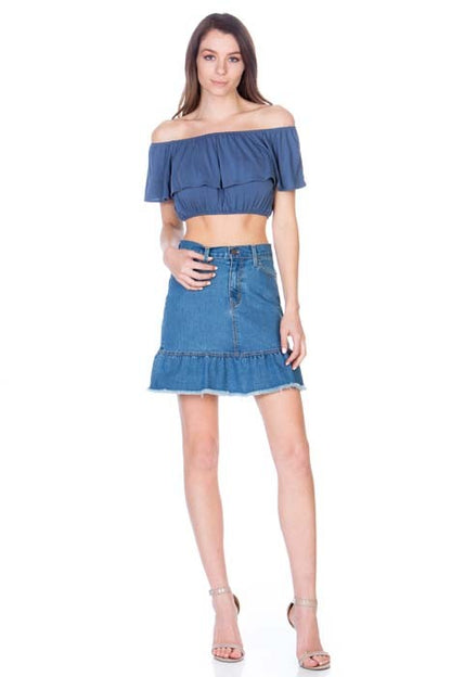 High Waisted A-line Ruffle Hem Denim Skirt