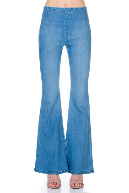 zipper back faded denim flare  jeans pants