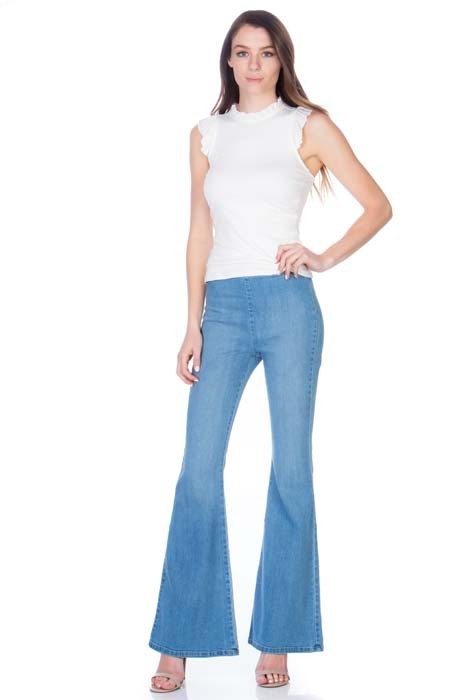 zipper back faded denim flare  jeans