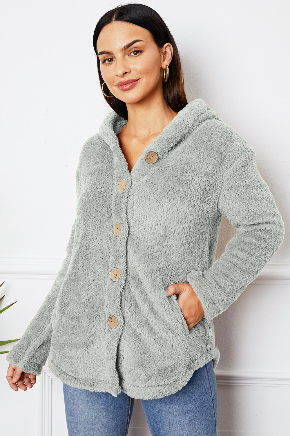 Fuzzy Button Up Hooded Outerwear