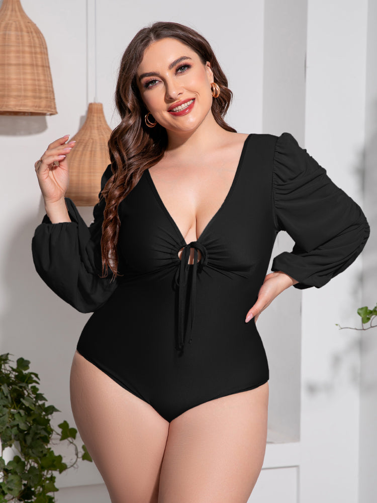 Plus Size Tied Deep V Balloon Sleeve One-Piece Swimsuit