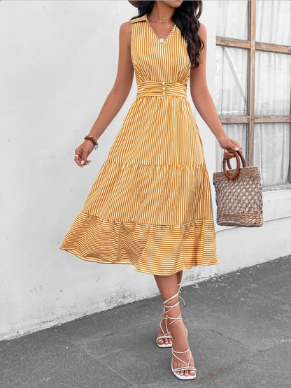 Striped Johnny Collar Sleeveless Midi Dress