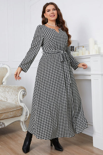 Melo Apparel Plus Size Notched Neck Houndstooth Tie Belt Maxi Dress