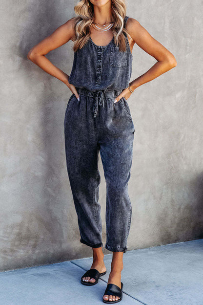 Pocketed Half Button Sleeveless Denim Jumpsuit