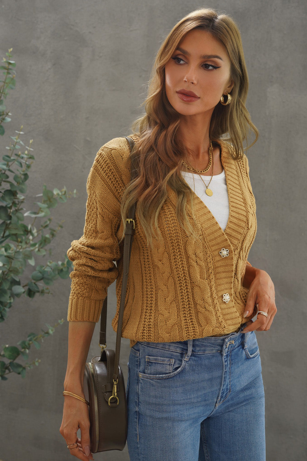 Cable-Knit Button Up Dropped Shoulder Cardigan