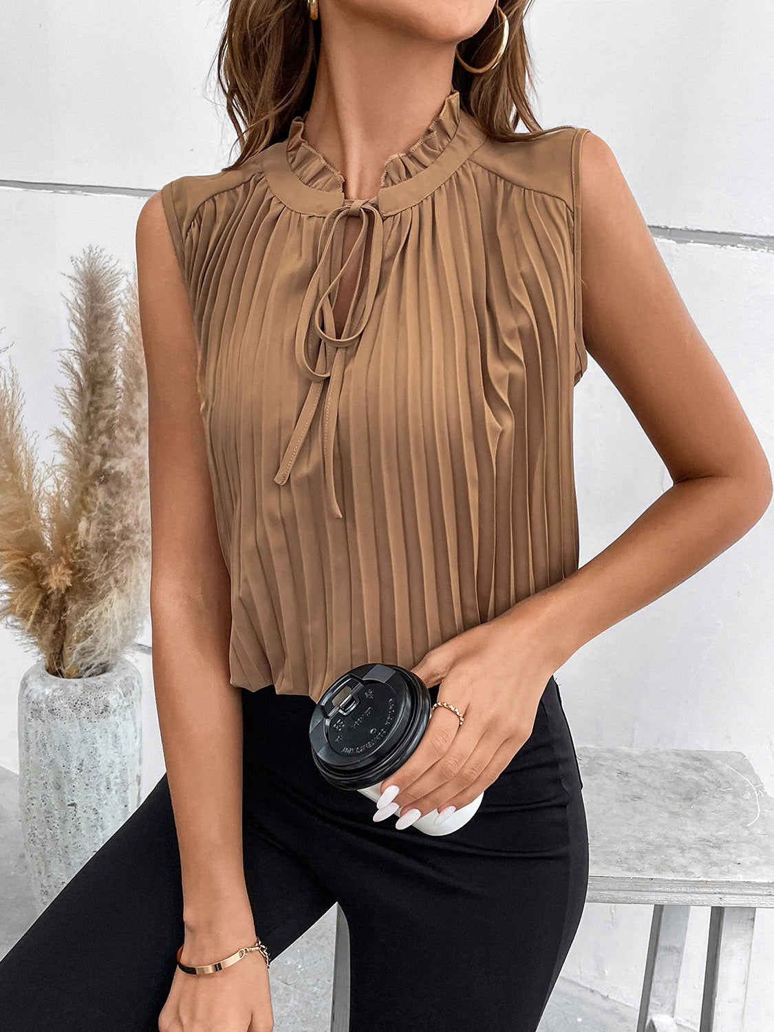 Pleated Tie Neck Tank Top