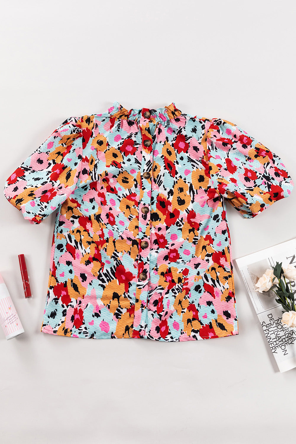 Printed Mock Neck Short Sleeve Blouse